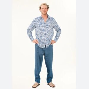 JEREMY MEN'S LINEN SHIRT ULTRAMARINE PAISLEY BLUE WHITE NEW retail $139